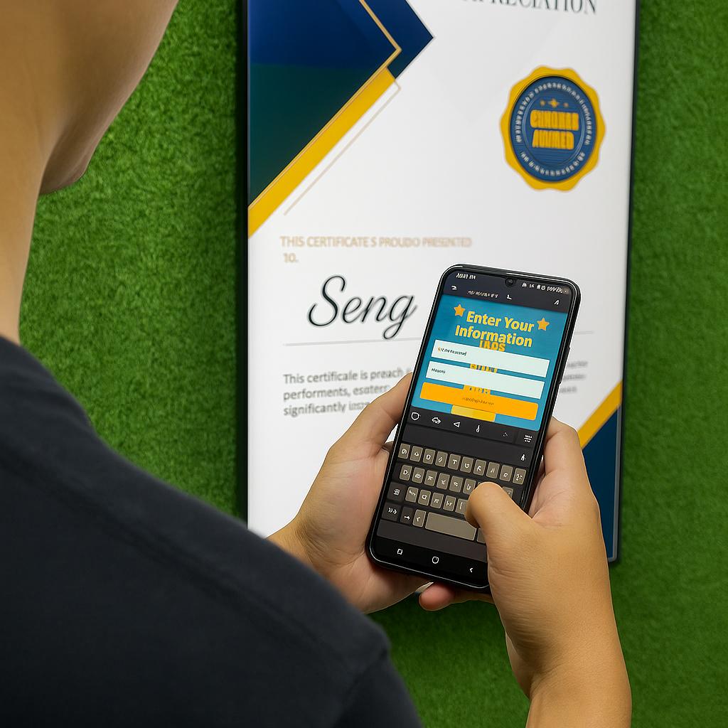 Calligraphy-style certificate printing setup at Dubai event